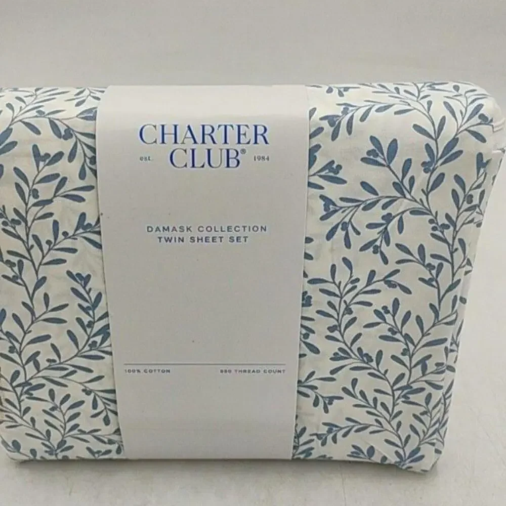 Charter Club Damask Collection Twin Sheet Set Blue 550TC Cotton Bedding